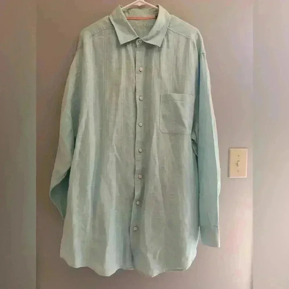 Men’s Caribbean Light Blue Linen Long Sleeve Button Down Collared Shirt Size 2XT - Picture 1 of 6